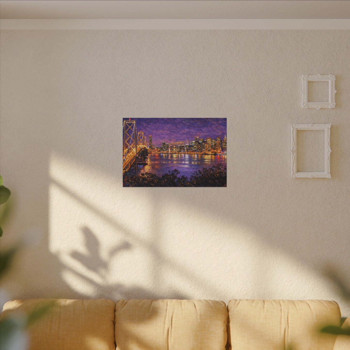 San Francisco Skyline Canvas Wall Art, Bay Bridge Night Painting, Impasto Style Artwork