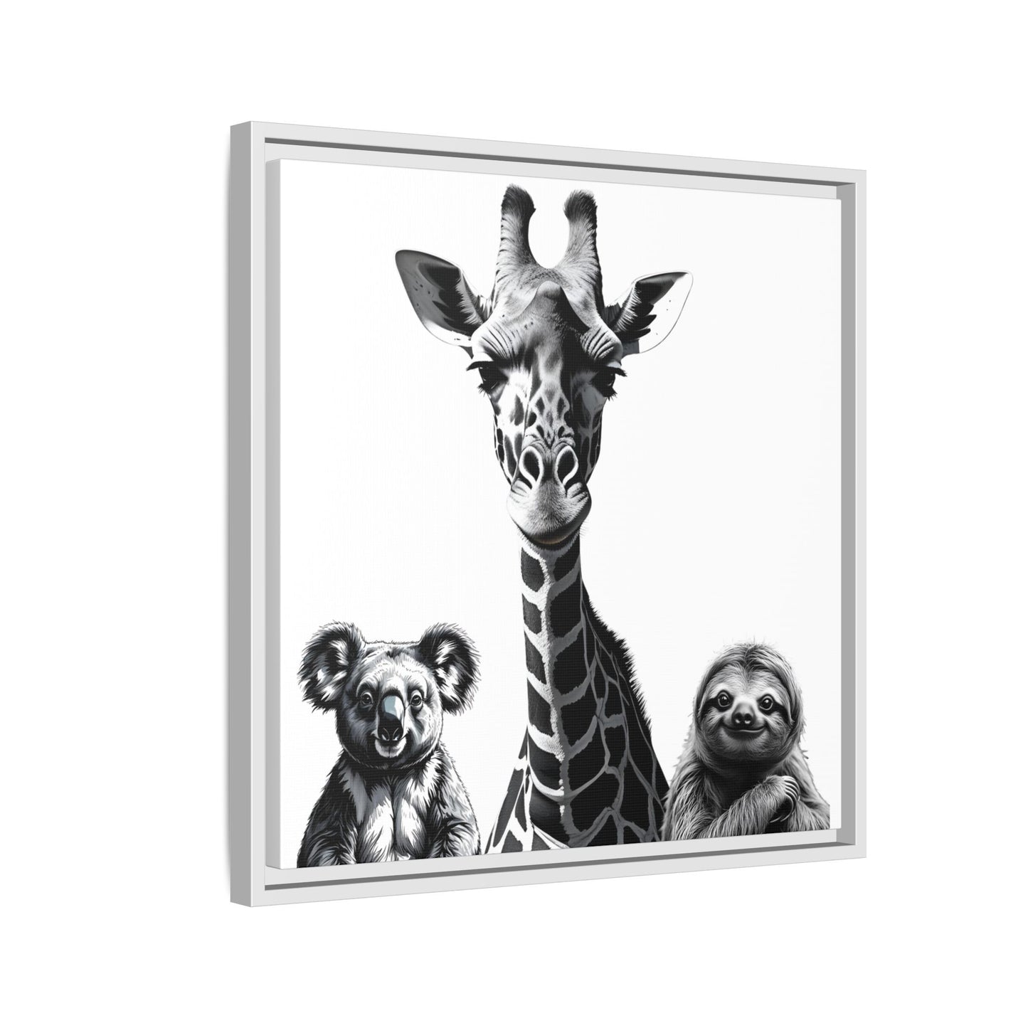 Framed artwork with a giraffe, koala, and sloth on a white background