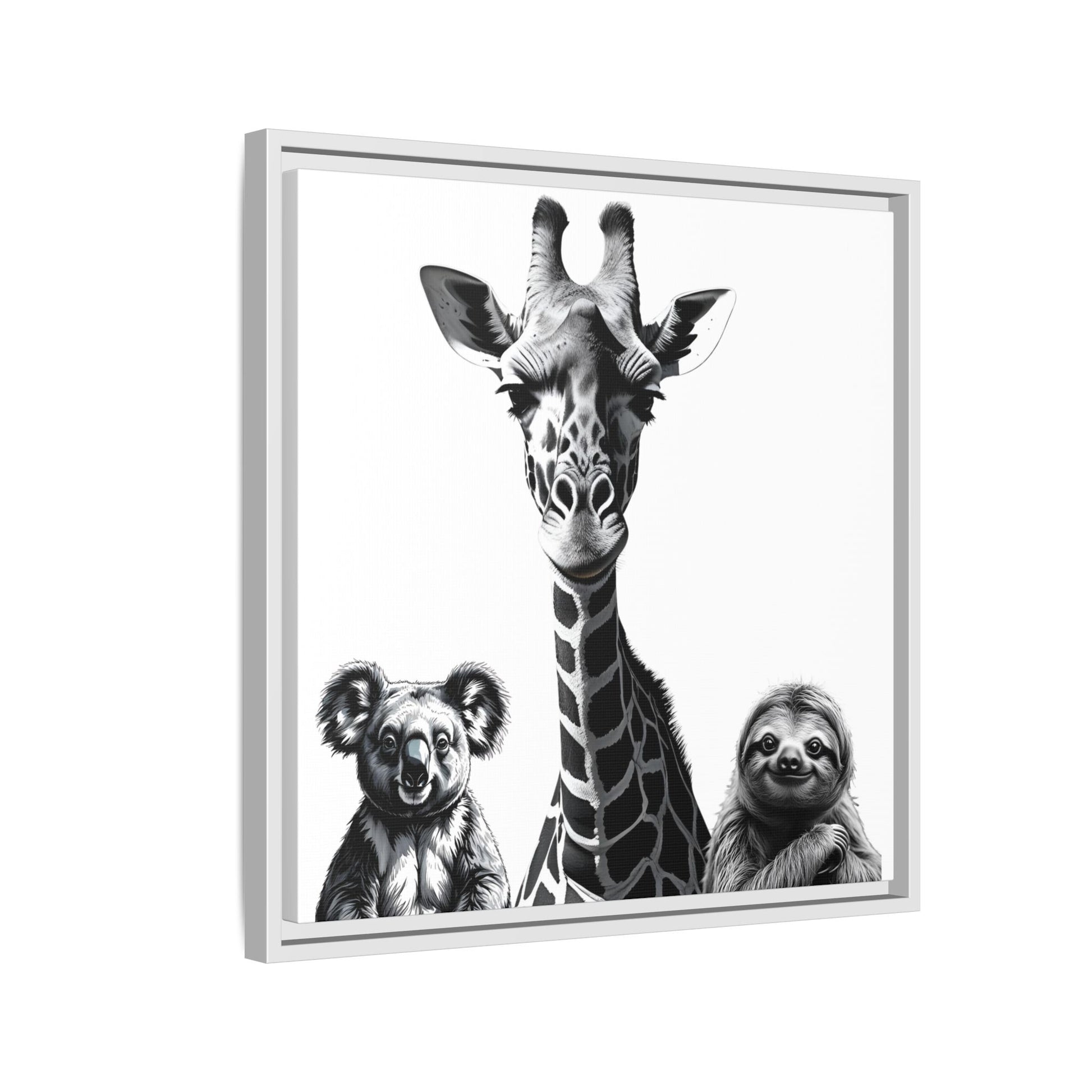 Framed artwork with a giraffe, koala, and sloth on a white background