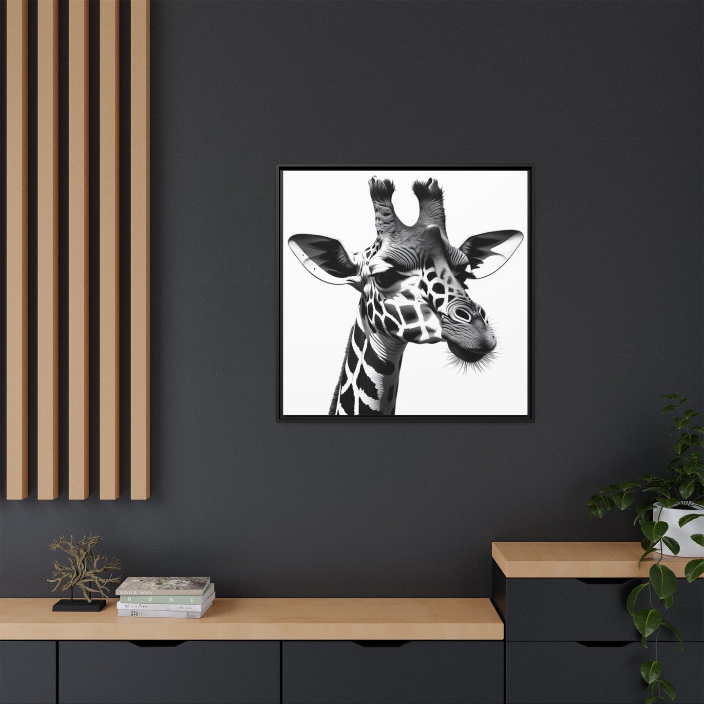Black and White Giraffe Wall Art – Framed Safari Animal Canvas Print