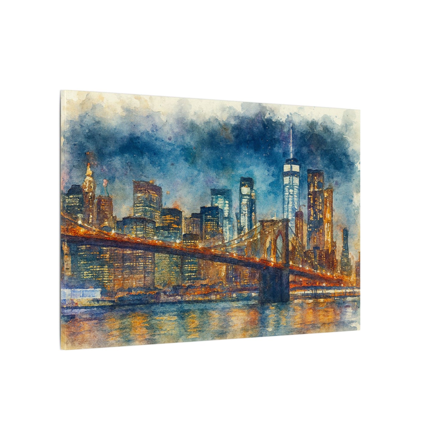 NYC Skyline Watercolor Art Print, Brooklyn Bridge Night Painting, New York City Wall Decor, Skyline Canvas Print, Urban Landscape
