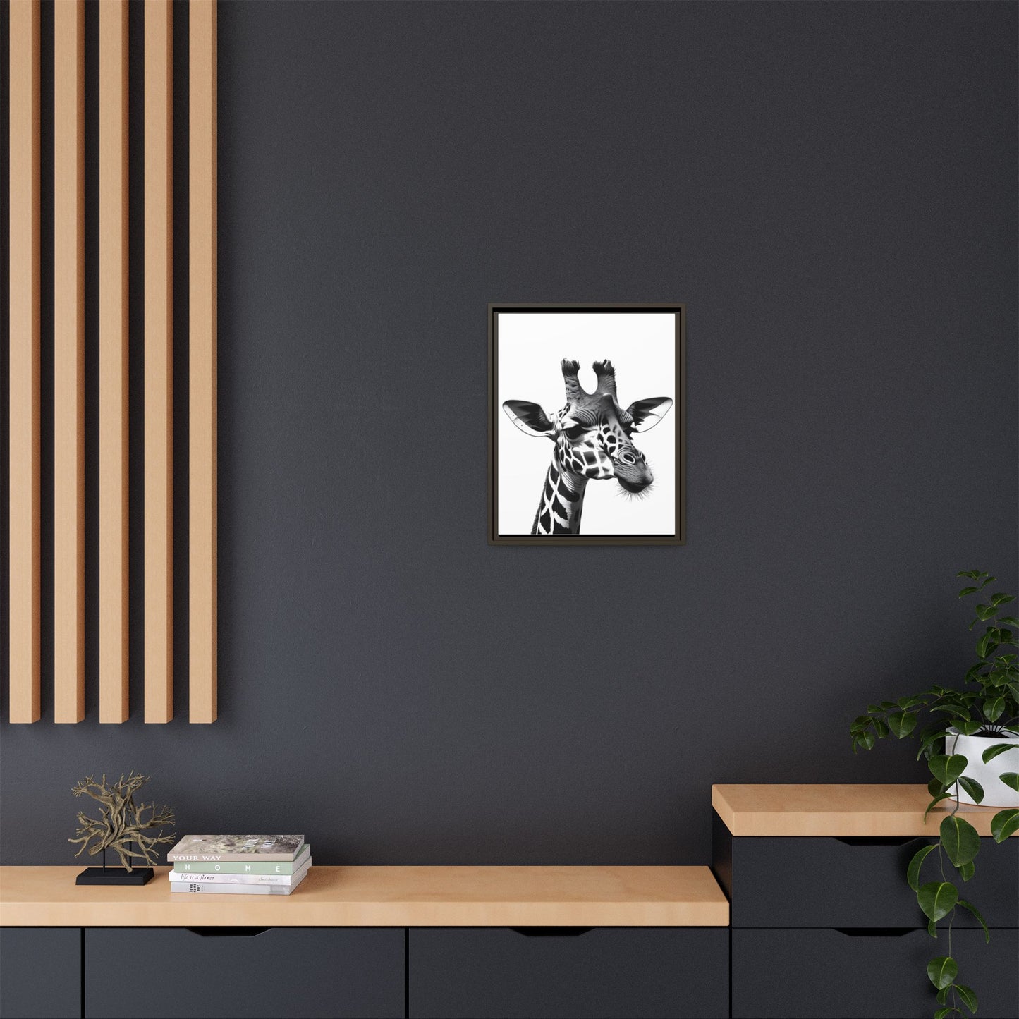 Black and White Giraffe Wall Art – Framed Safari Animal Canvas Print