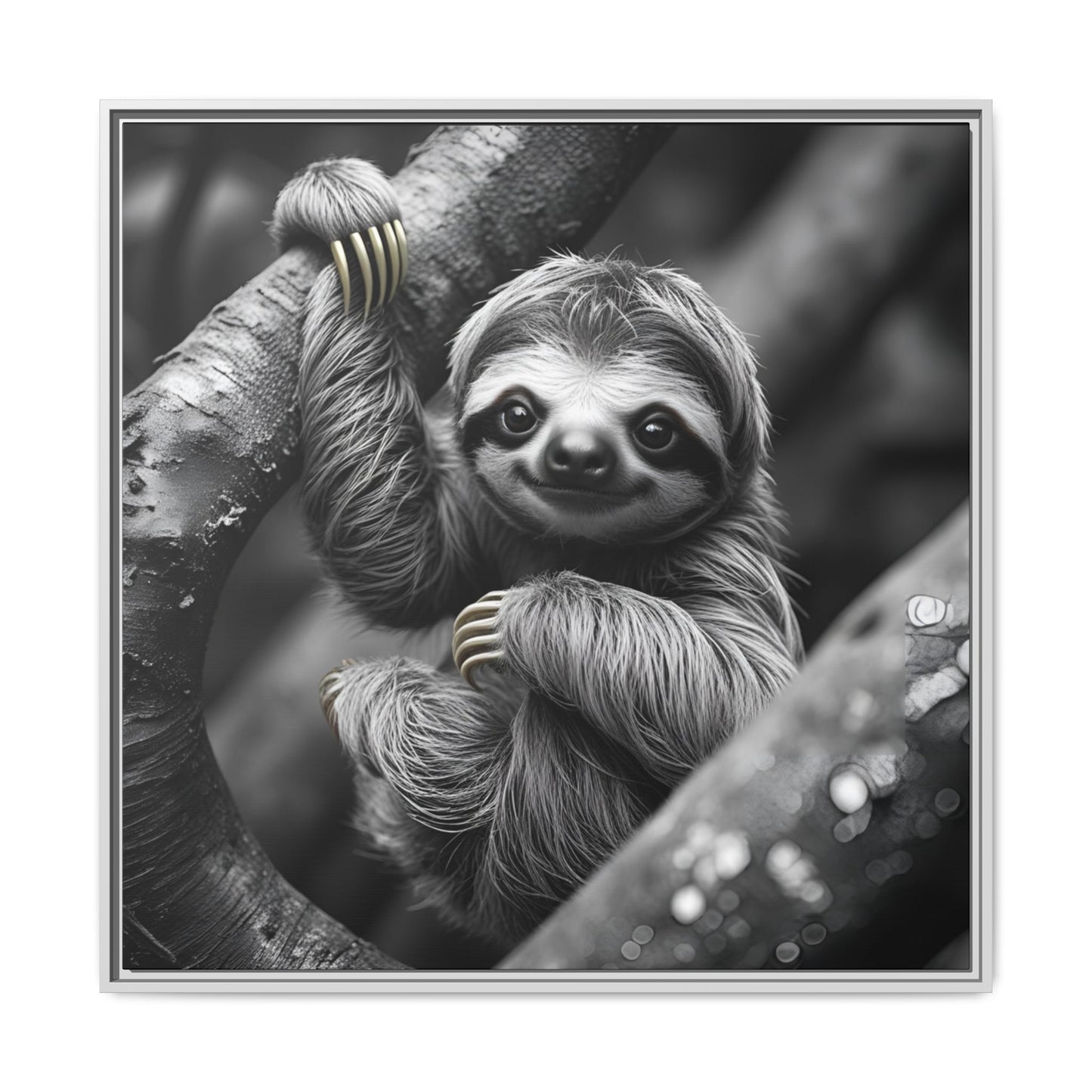 Smiling Sloth Hanging on Tree Branch Wall Art on Framed Canvas, Sloth Lover Gift, Nursery Decor, Wildlife Artwork