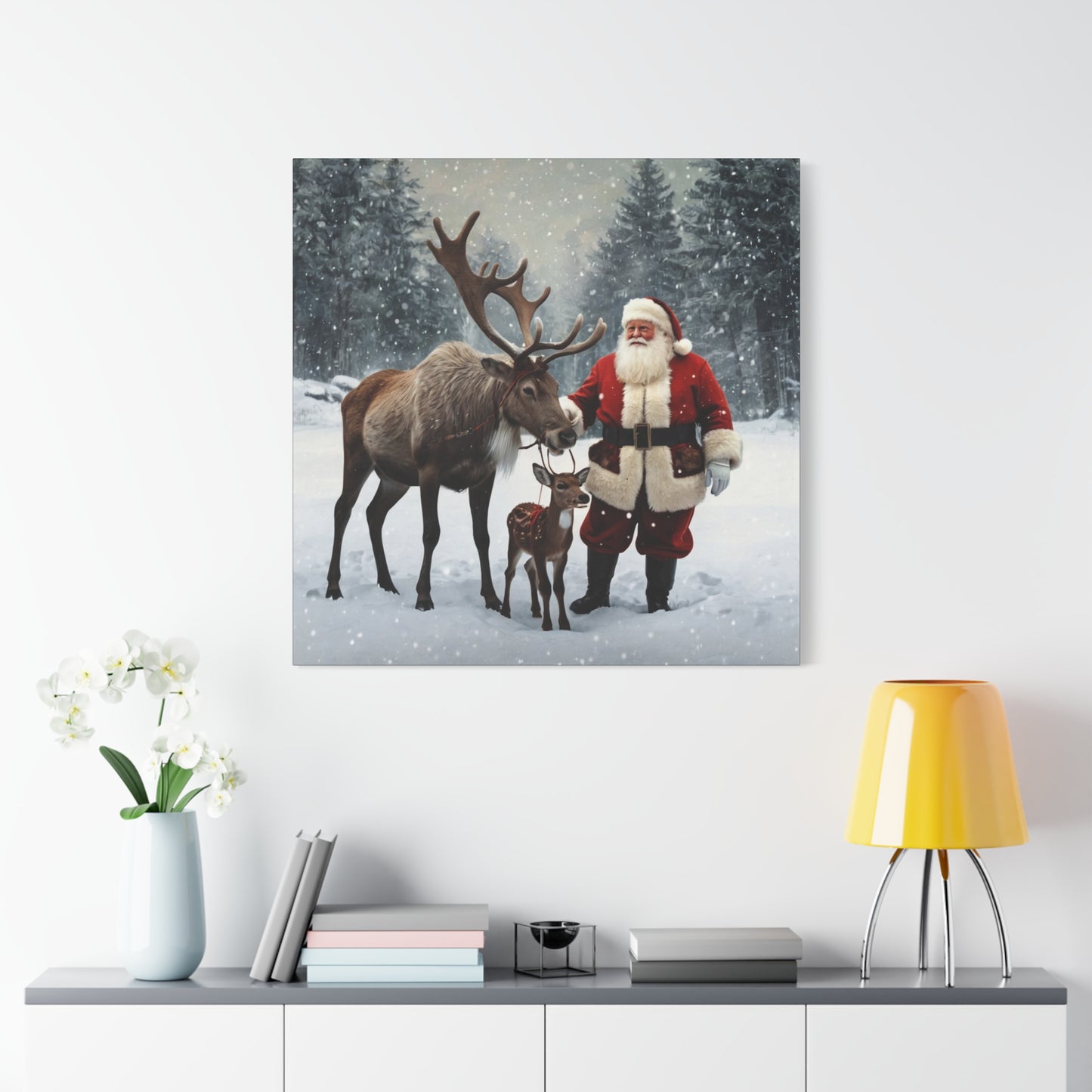 Santa with Reindeer Christmas Wall Art Canvas | Festive Holiday Home Decor
