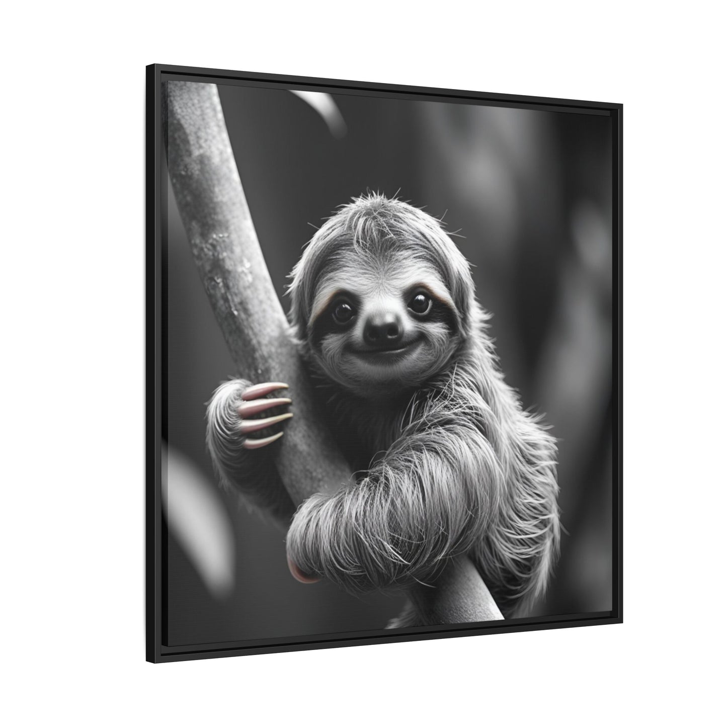 Framed artwork of a sloth hanging from a branch with a black border.