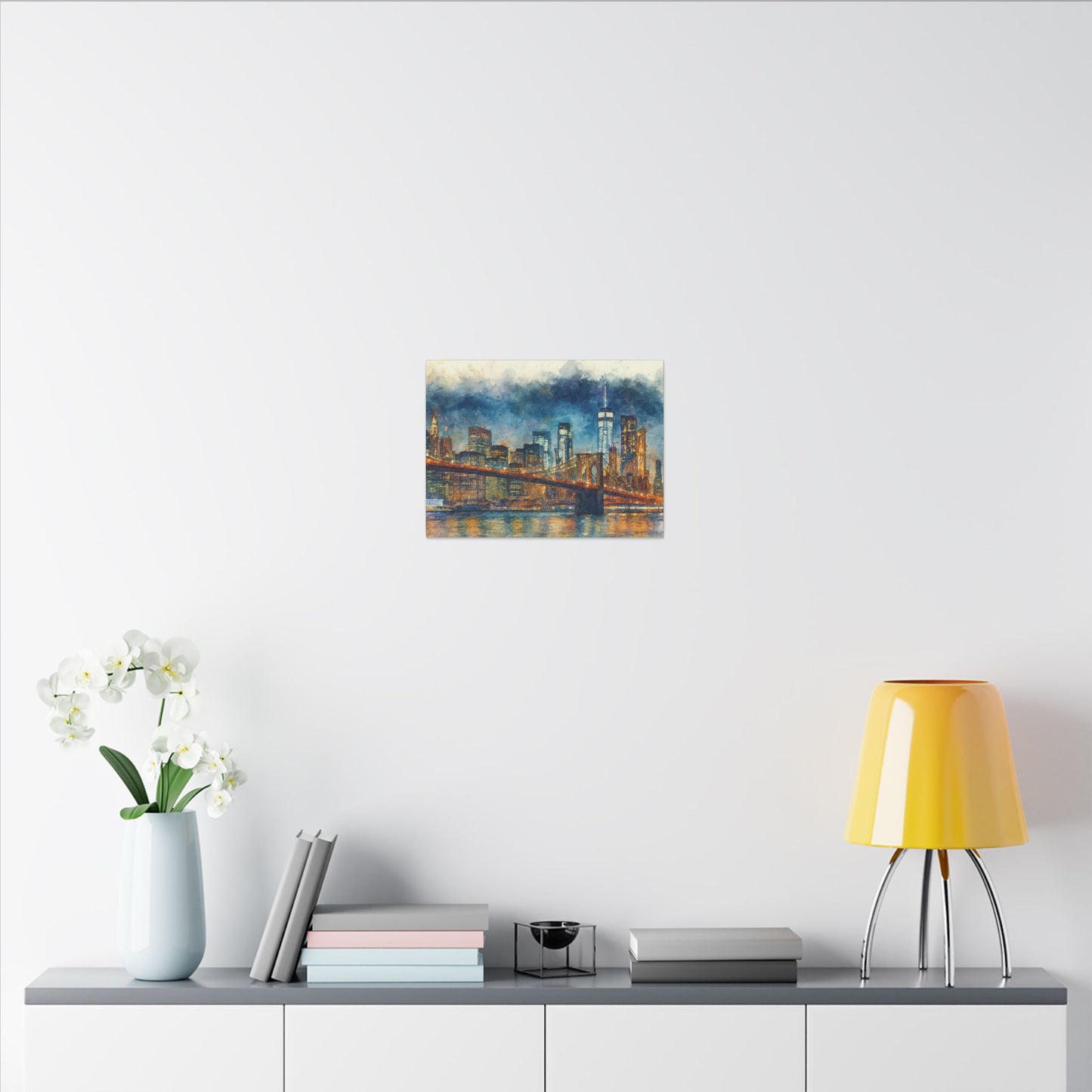 NYC Skyline Watercolor Art Print, Brooklyn Bridge Night Painting, New York City Wall Decor, Skyline Canvas Print, Urban Landscape