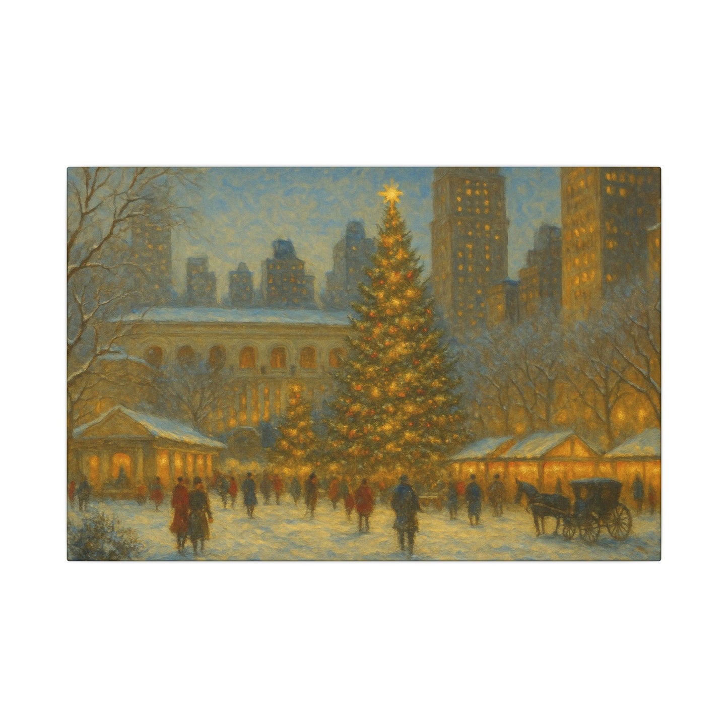 Winter scene with a large decorated Christmas tree in an urban setting