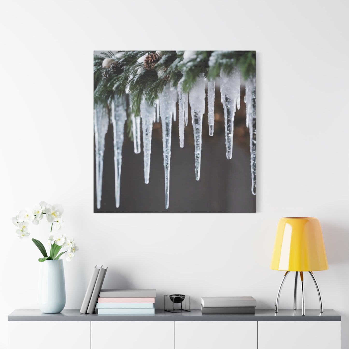 Winter Icicles Pine Branch Canvas Art: Holiday Home Decor, Stretched, 1.25"