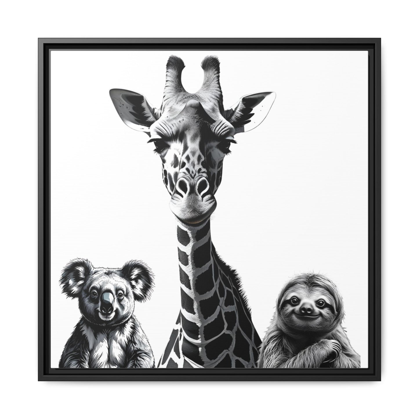 Framed artwork of a giraffe, koala, and sloth in black and white.