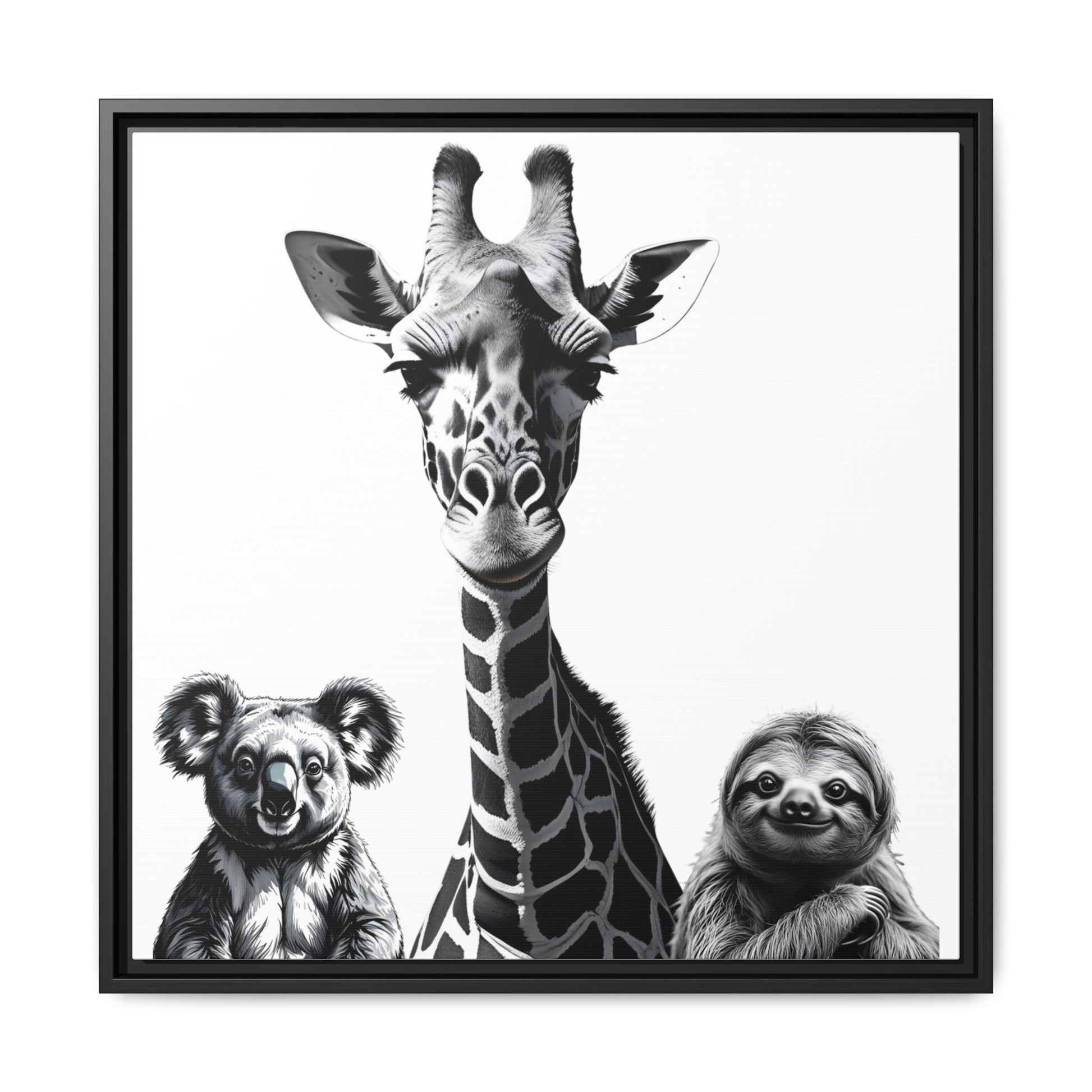 Framed artwork of a giraffe, koala, and sloth in black and white.