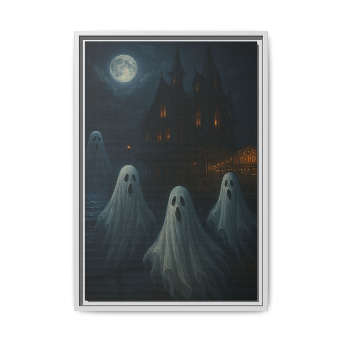 Haunted House Ghost Canvas Wall Art – Spooky Halloween Framed Art, Vintage Horror Decor, Gothic Night Scene Print