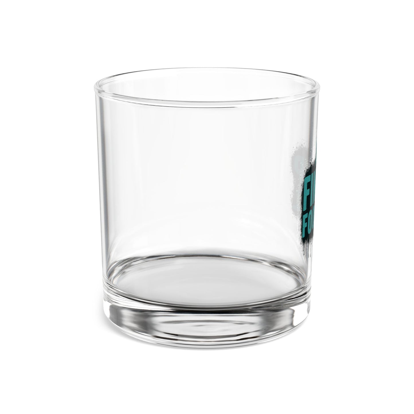 Clear glass tumbler with a logo on a white background