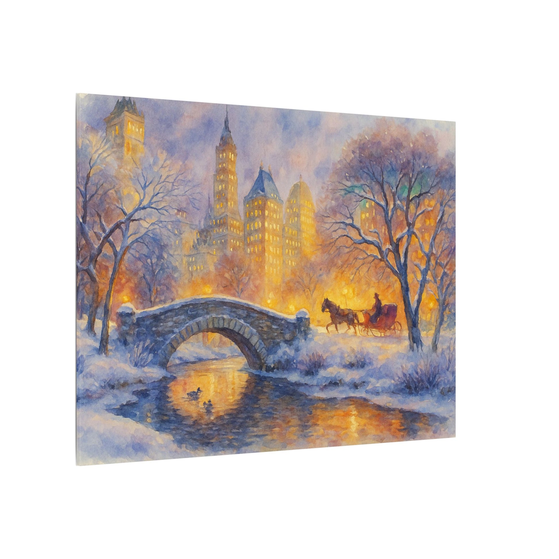 Winter scene with a bridge, horse carriage, and illuminated buildings.