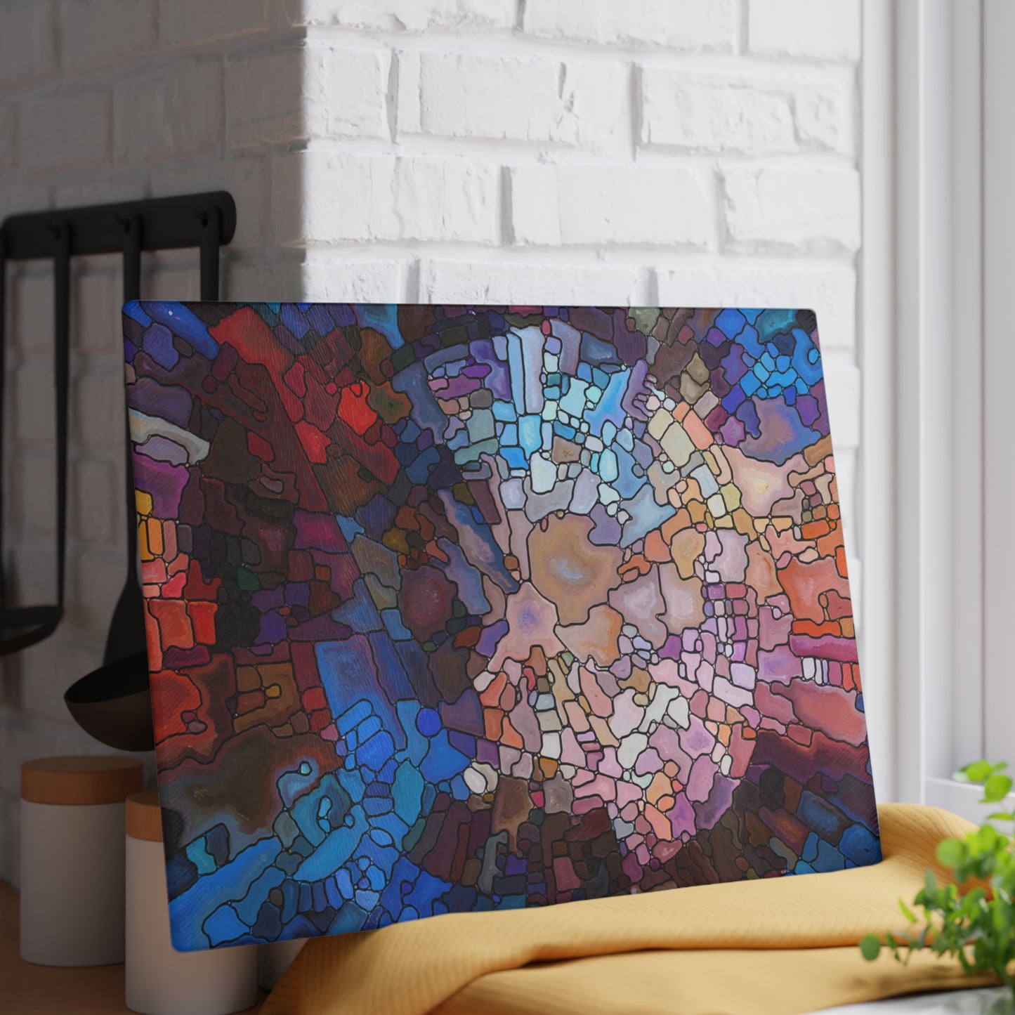Abstract Stained Glass Mosaic Glass Cutting Board | Colorful Kitchen Decor