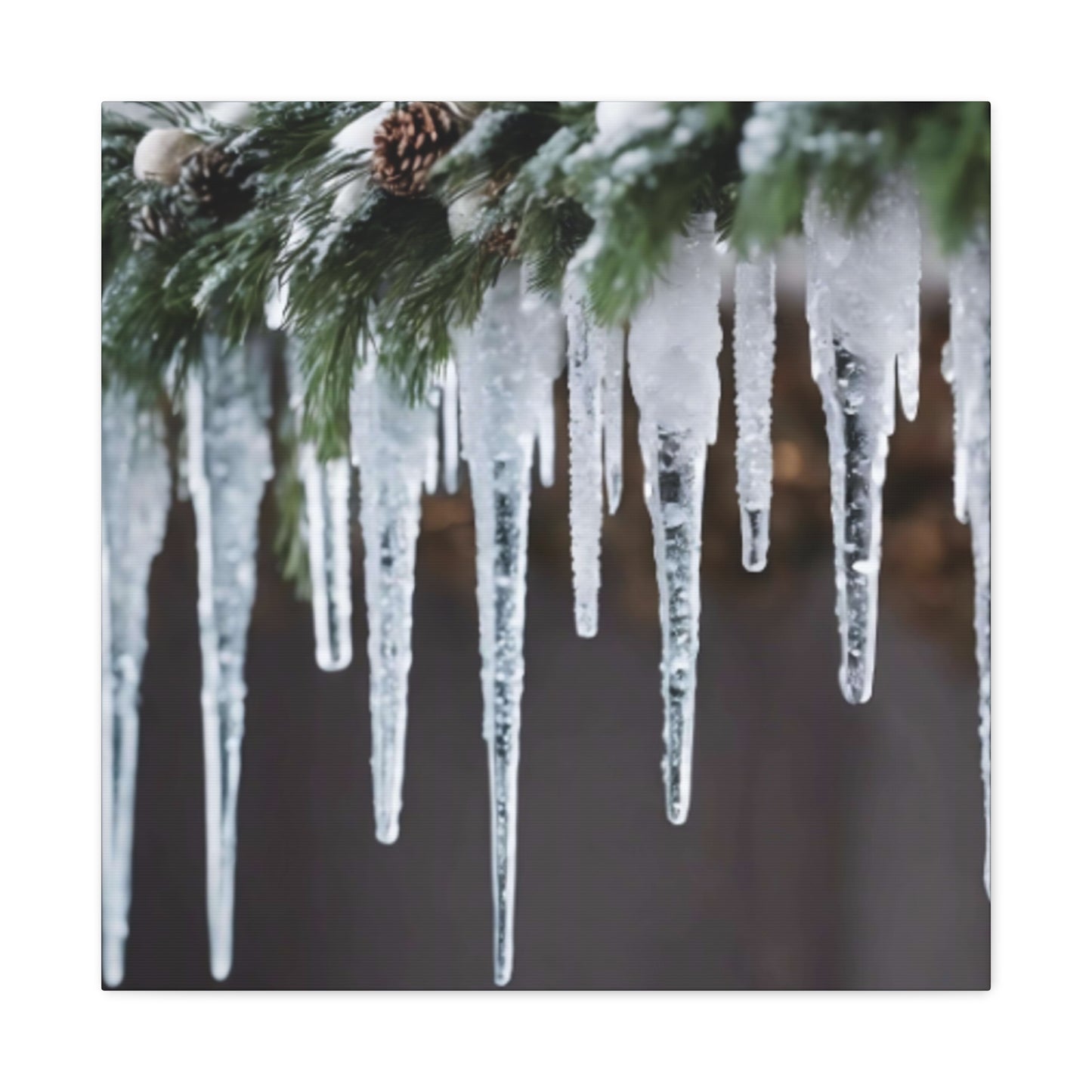 Winter Icicles Pine Branch Canvas Art: Holiday Home Decor, Stretched, 1.25"