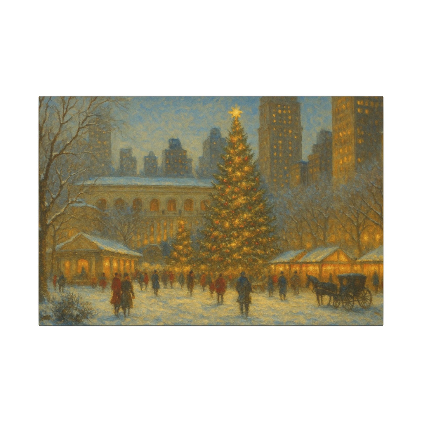 Winter scene with a large Christmas tree in an urban setting