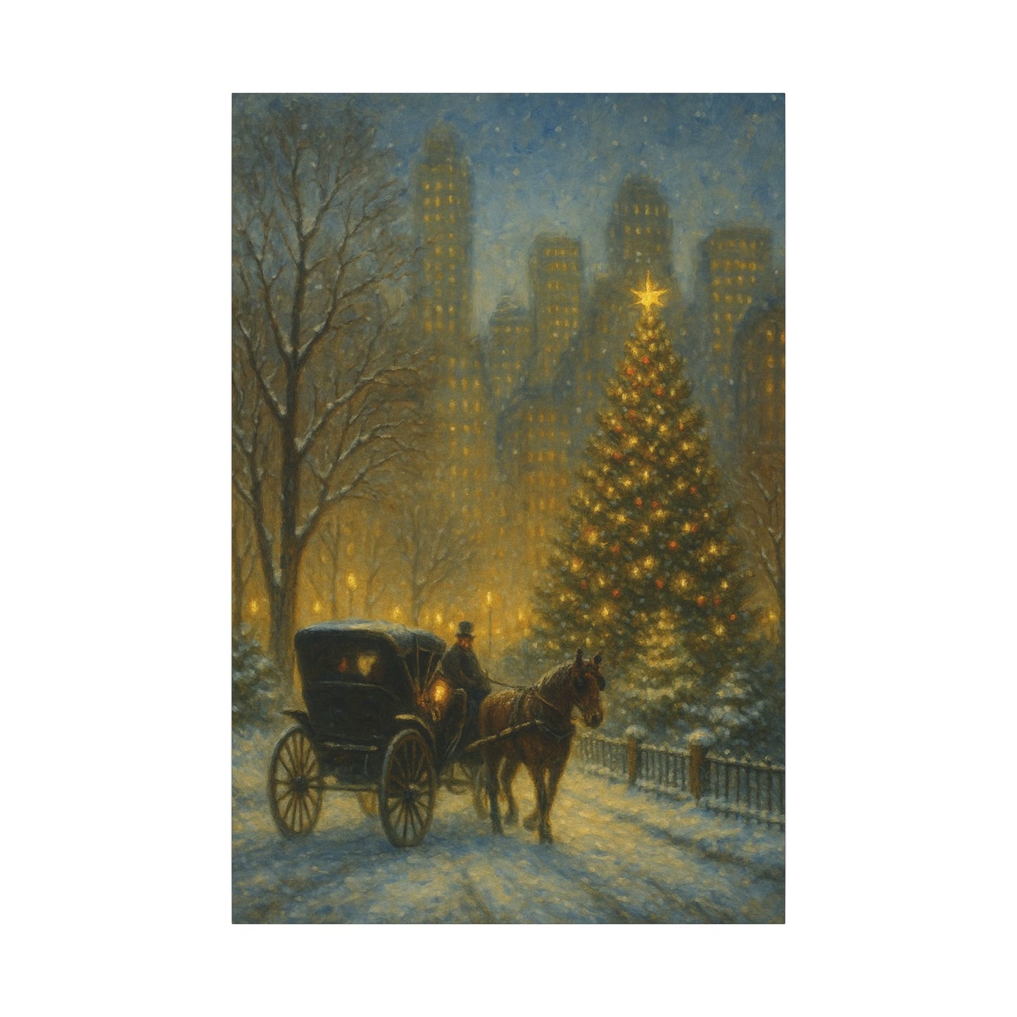 Vintage carriage with horse near a large Christmas tree in an urban setting