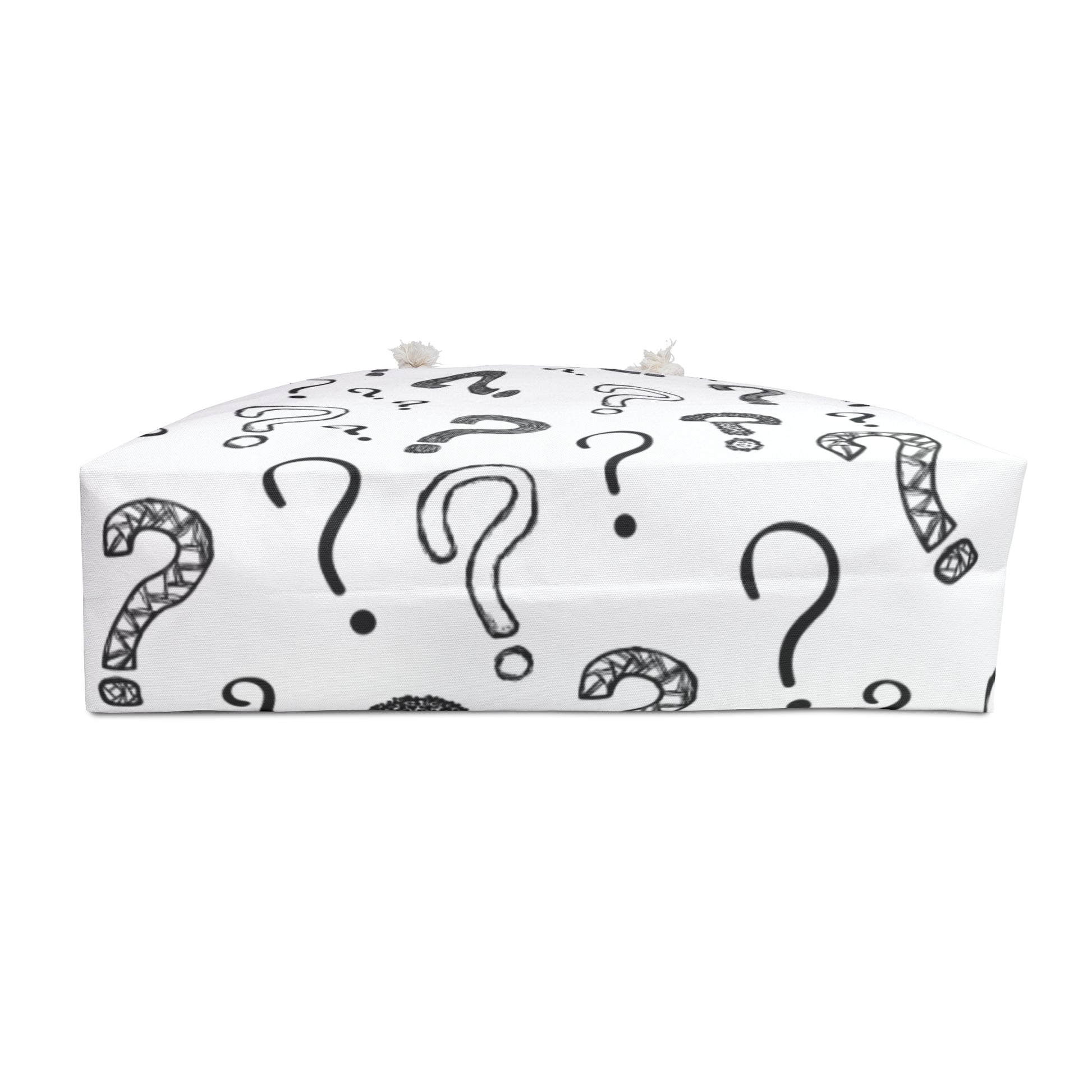 White box with black question marks on a white background