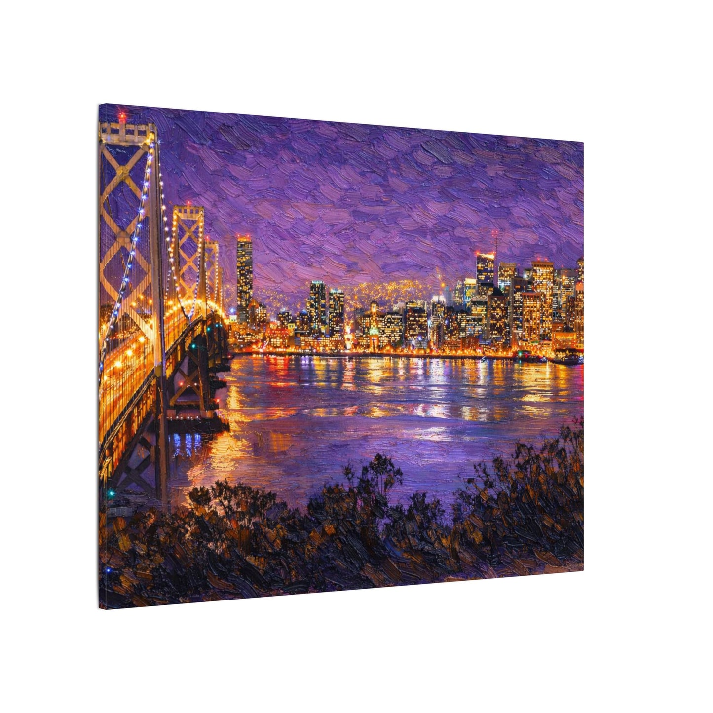 San Francisco Skyline Canvas Wall Art, Bay Bridge Night Painting, Impasto Style Artwork