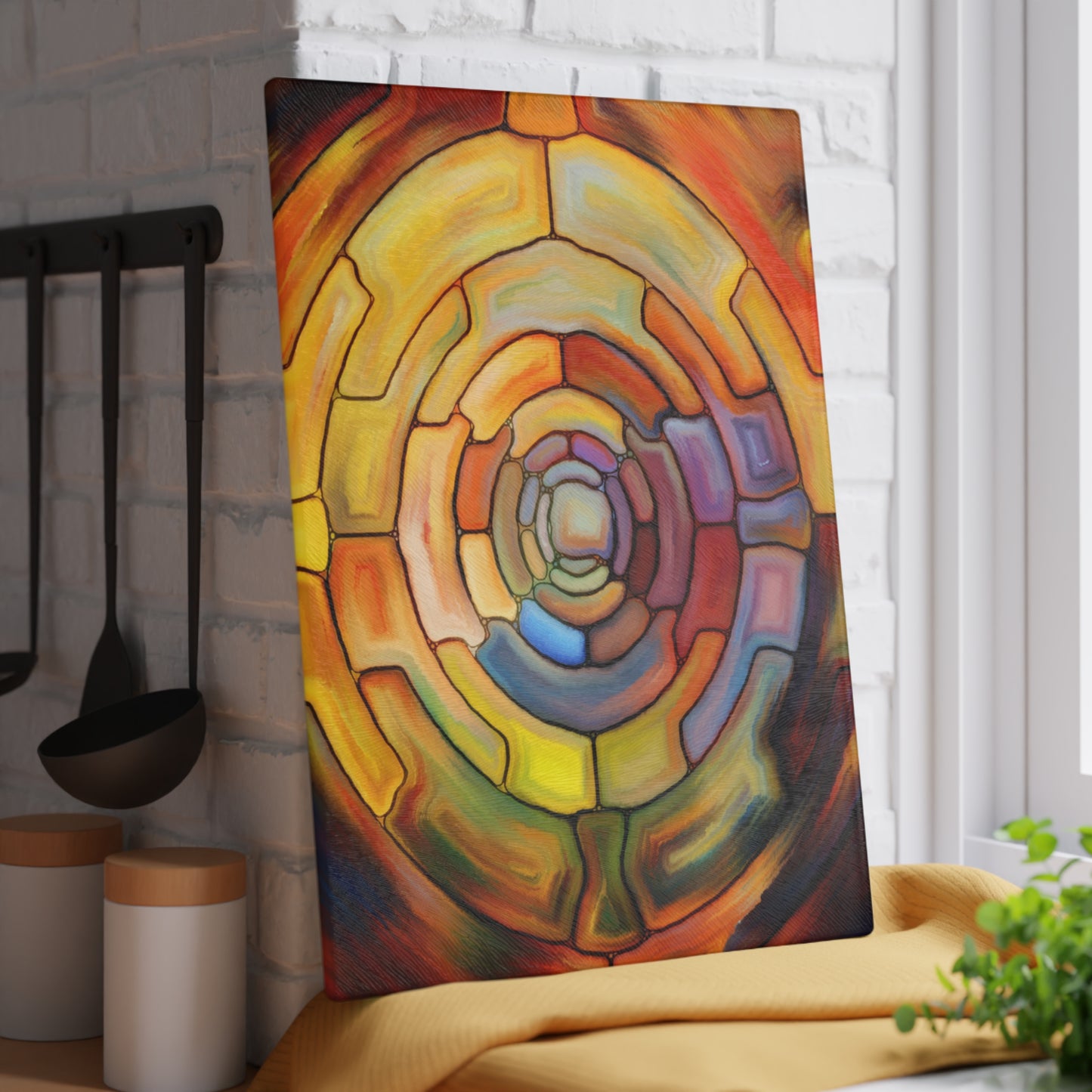 Abstract Spiral Glass Cutting Board | Colorful Circular Mosaic Art
