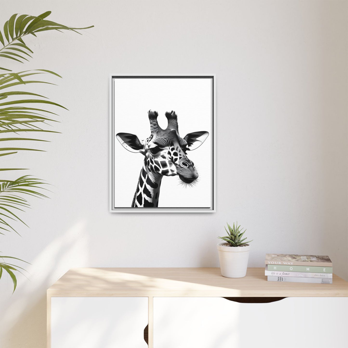 Black and White Giraffe Wall Art – Framed Safari Animal Canvas Print