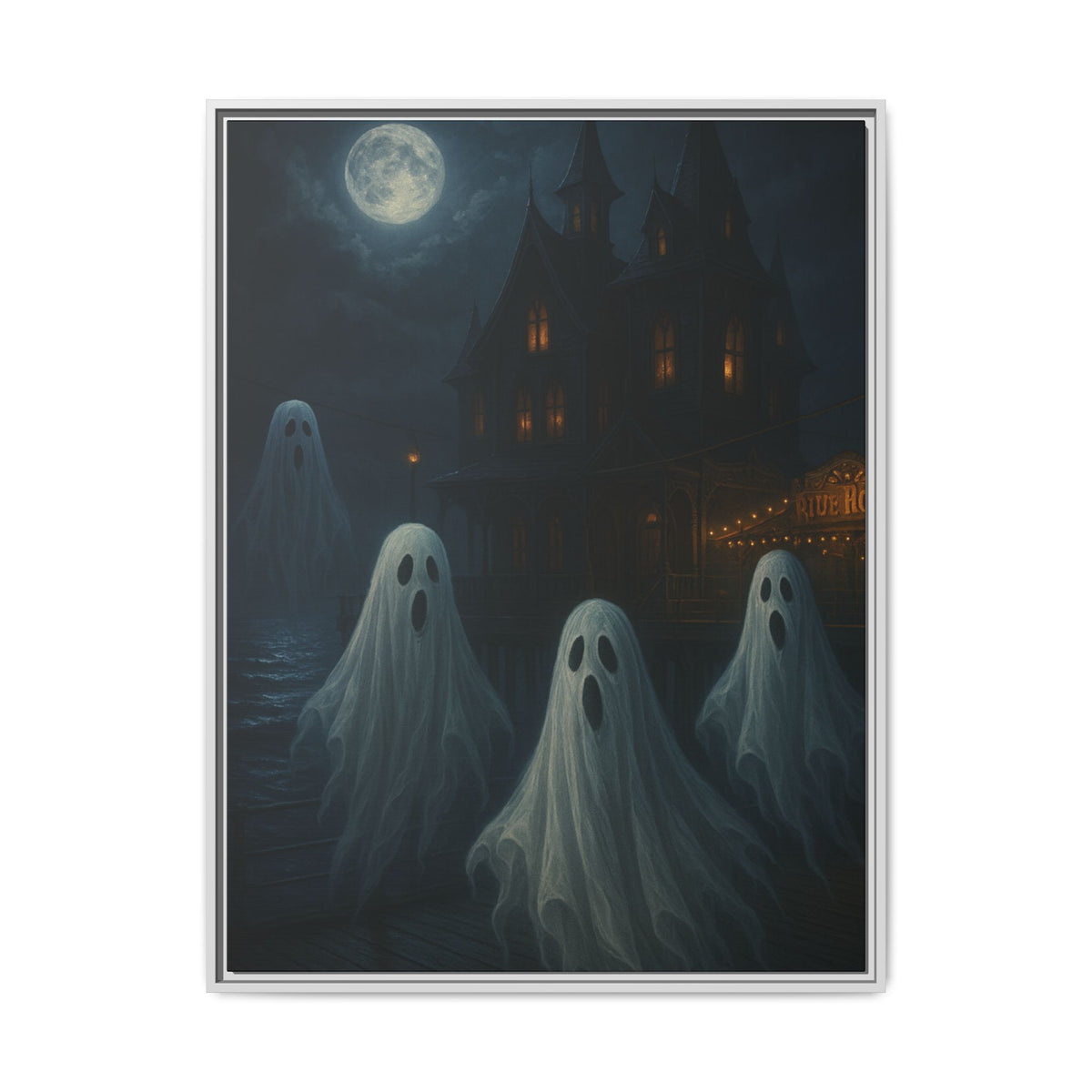 Haunted House Ghost Canvas Wall Art – Spooky Halloween Framed Art, Vintage Horror Decor, Gothic Night Scene Print