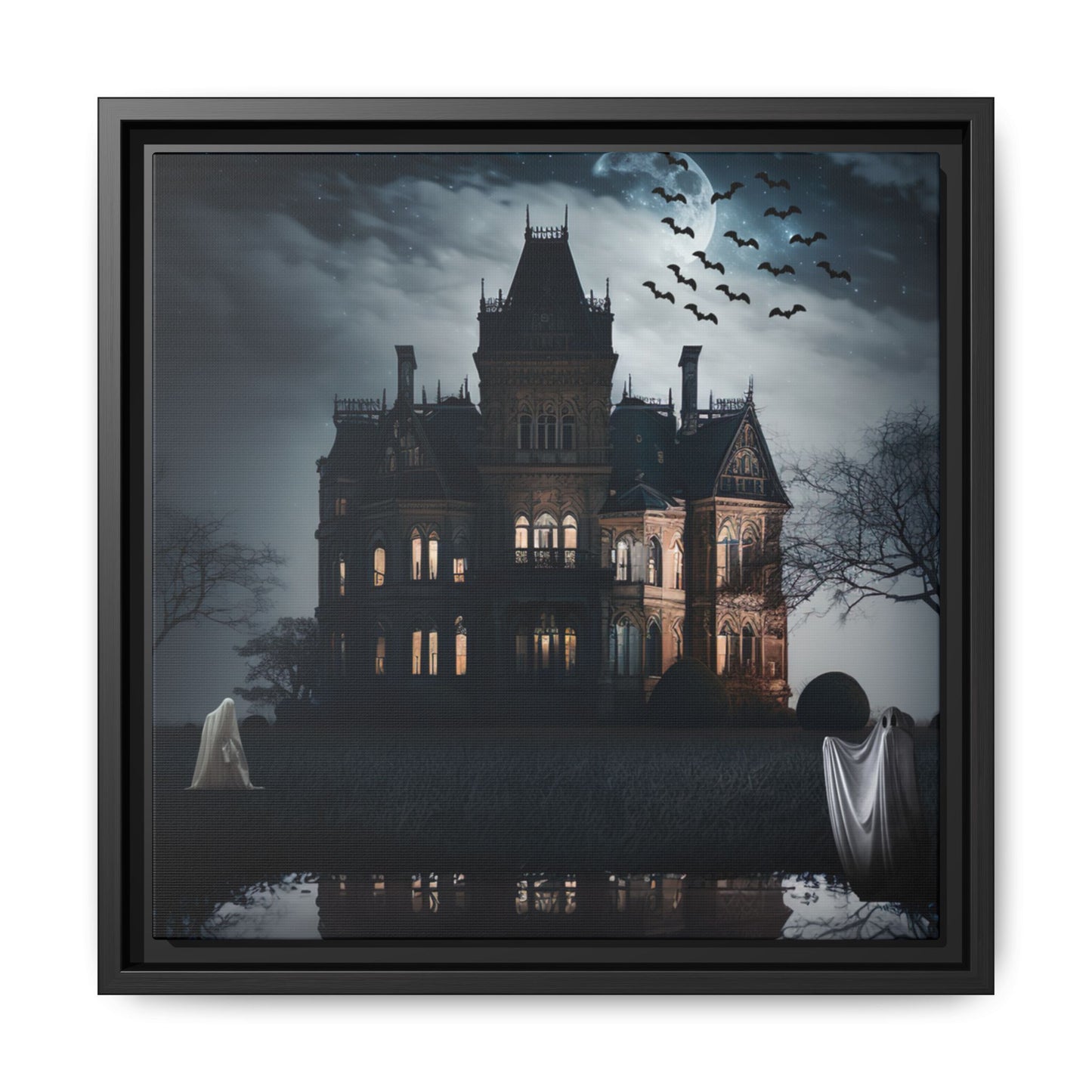 Framed artwork of a haunted house with ghosts and bats at night.