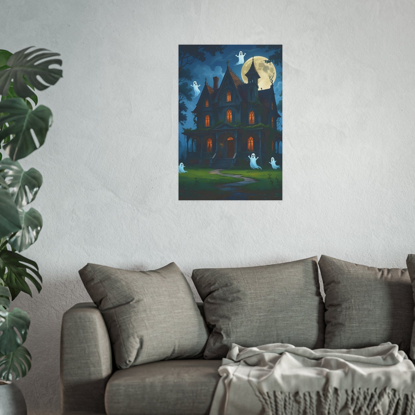 Haunted House Ghosts Poster — Friendly Ghosts Floating Around a Haunted House