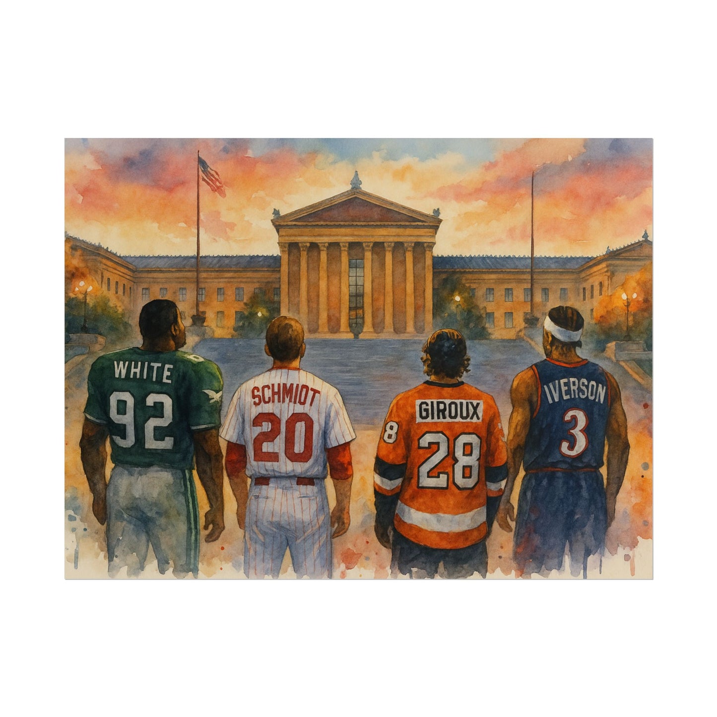 Philadelphia Sports Legends Poster, Sport Fan Art, Philadelphia Museum of Art Watercolor Print, Eagles Phillies Flyers 76ers Eagles Gift