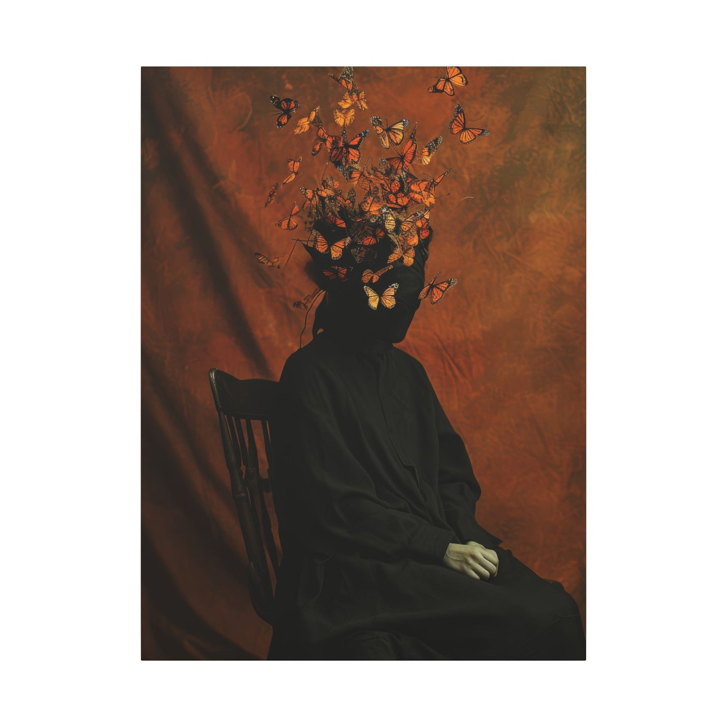Person with butterflies emerging from their head against a textured brown background