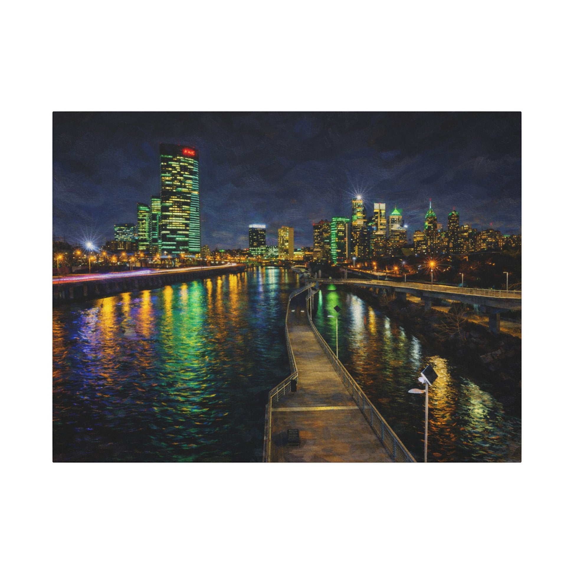 City skyline at night with illuminated buildings reflected in a body of water, viewed from a dock.