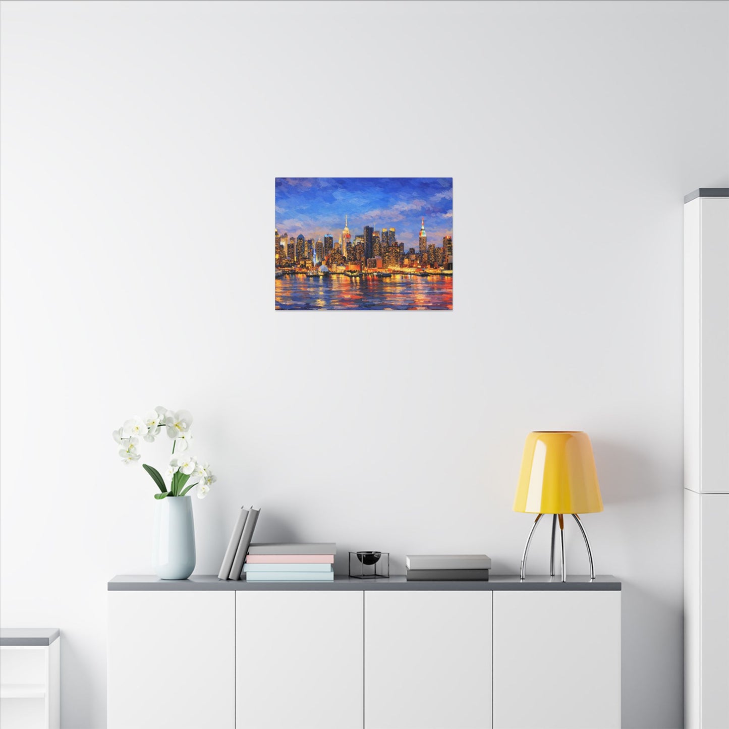 New York City Skyline Canvas Wall Art – Night Waterfront Impasto Cityscape Painting