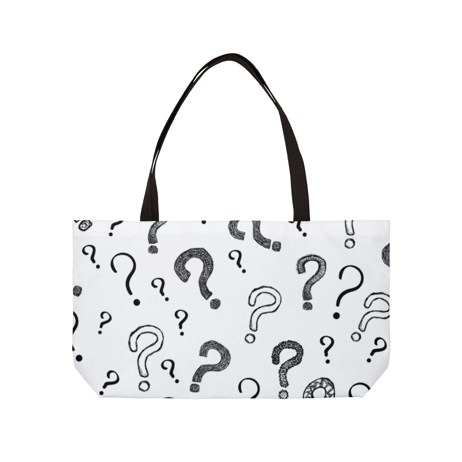 Tote bag with question mark pattern on a white background
