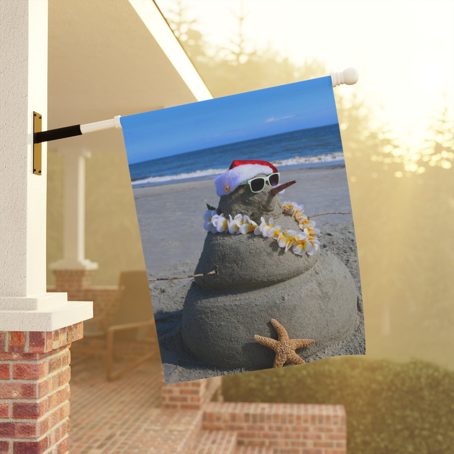 Sand Castle Snowman Garden Flag, Coastal Holiday Decorations, Seaside Holiday Decor