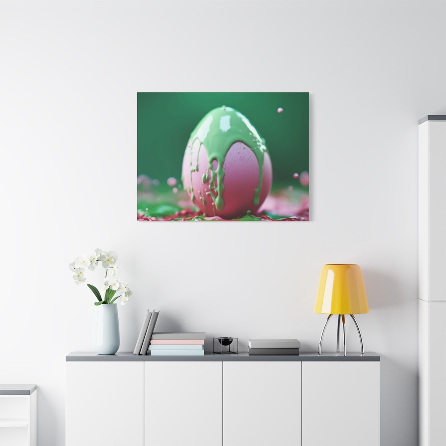 Canvas Wall or Mantle Art Pink Easter Egg with Green Paint Spring Home Decor