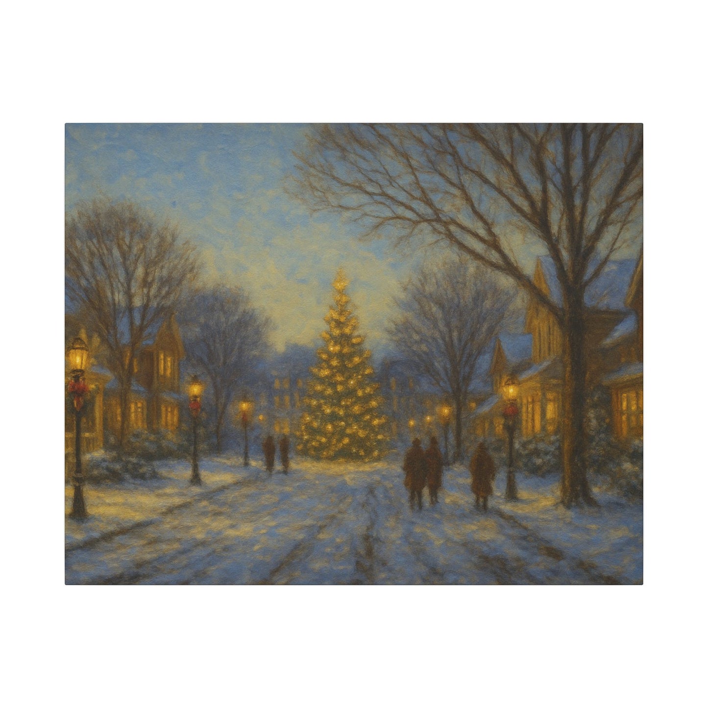Winter scene with a decorated Christmas tree on a snowy street at night.