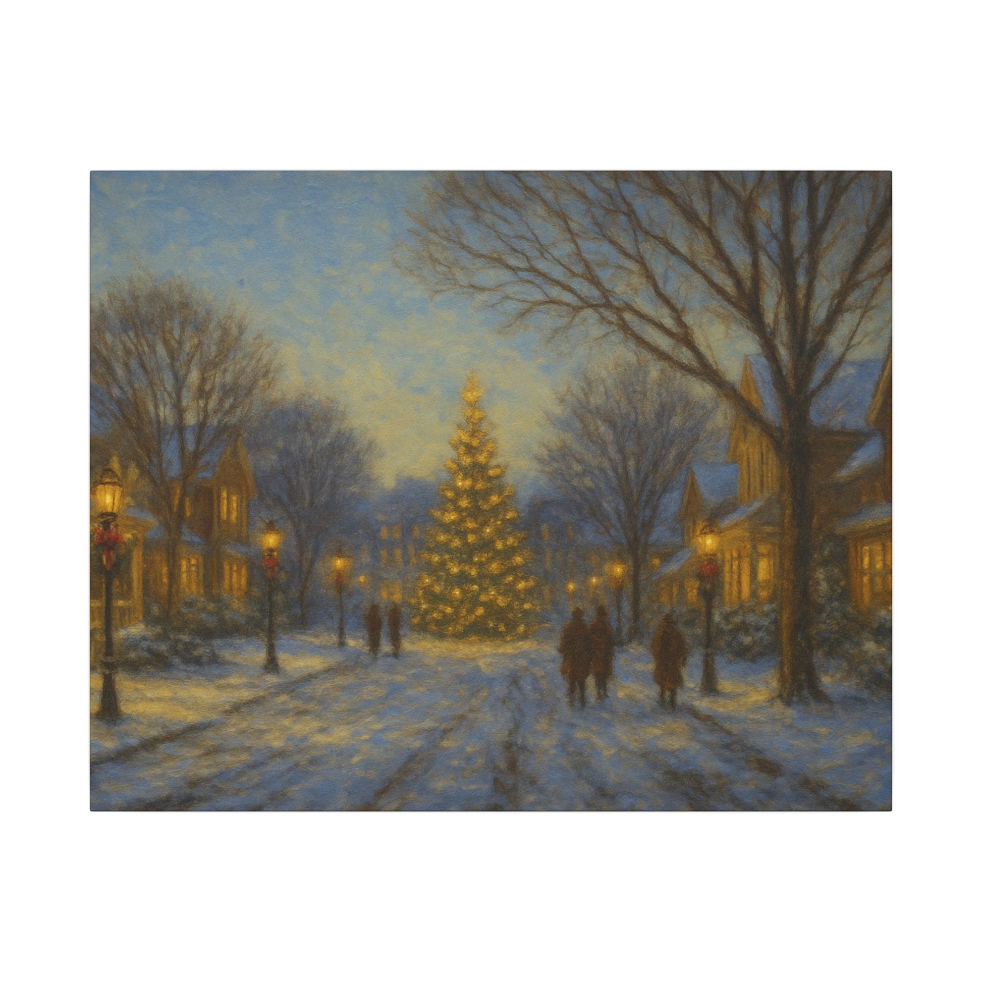 Winter scene with a decorated Christmas tree on a snowy street at night.