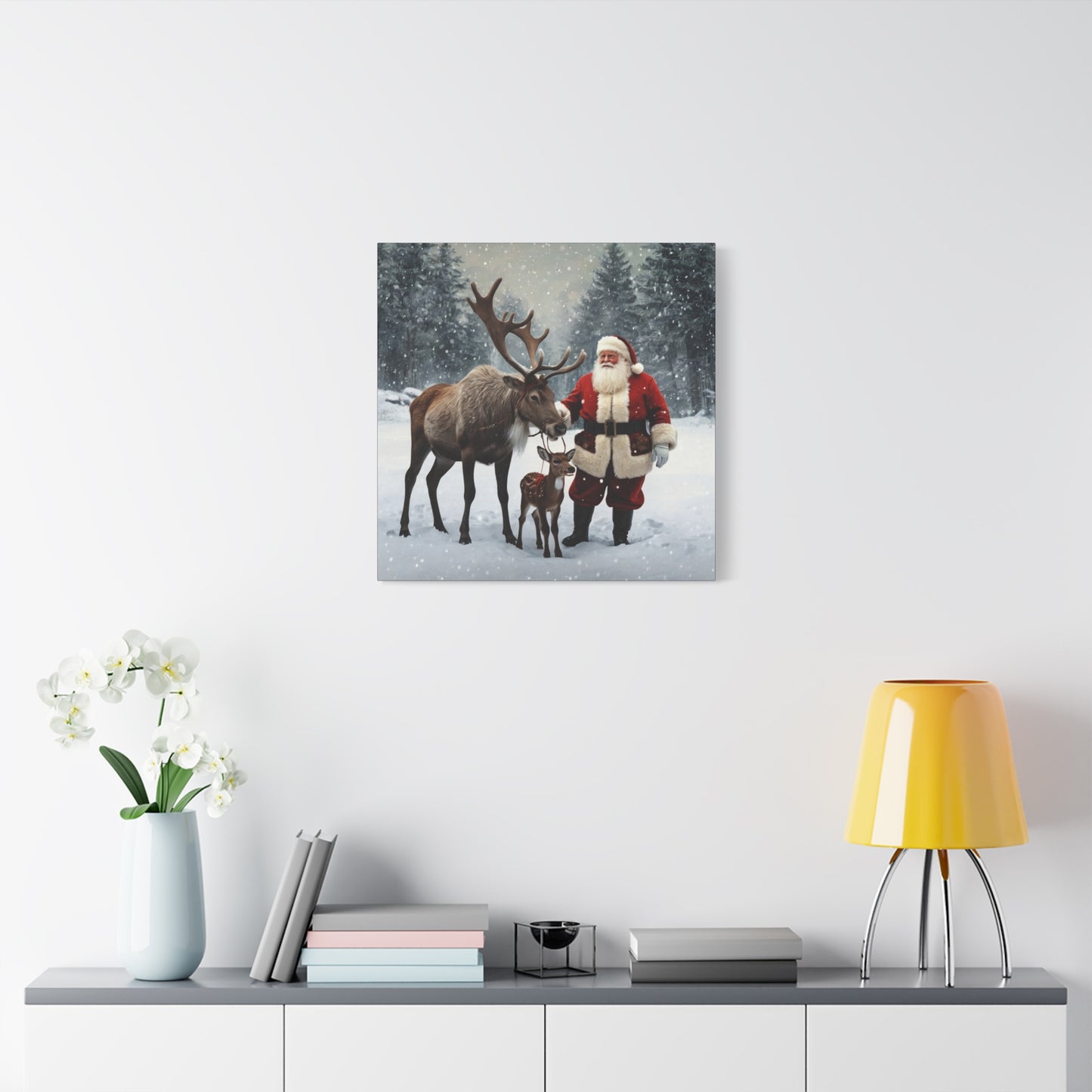 Santa with Reindeer Christmas Wall Art Canvas | Festive Holiday Home Decor