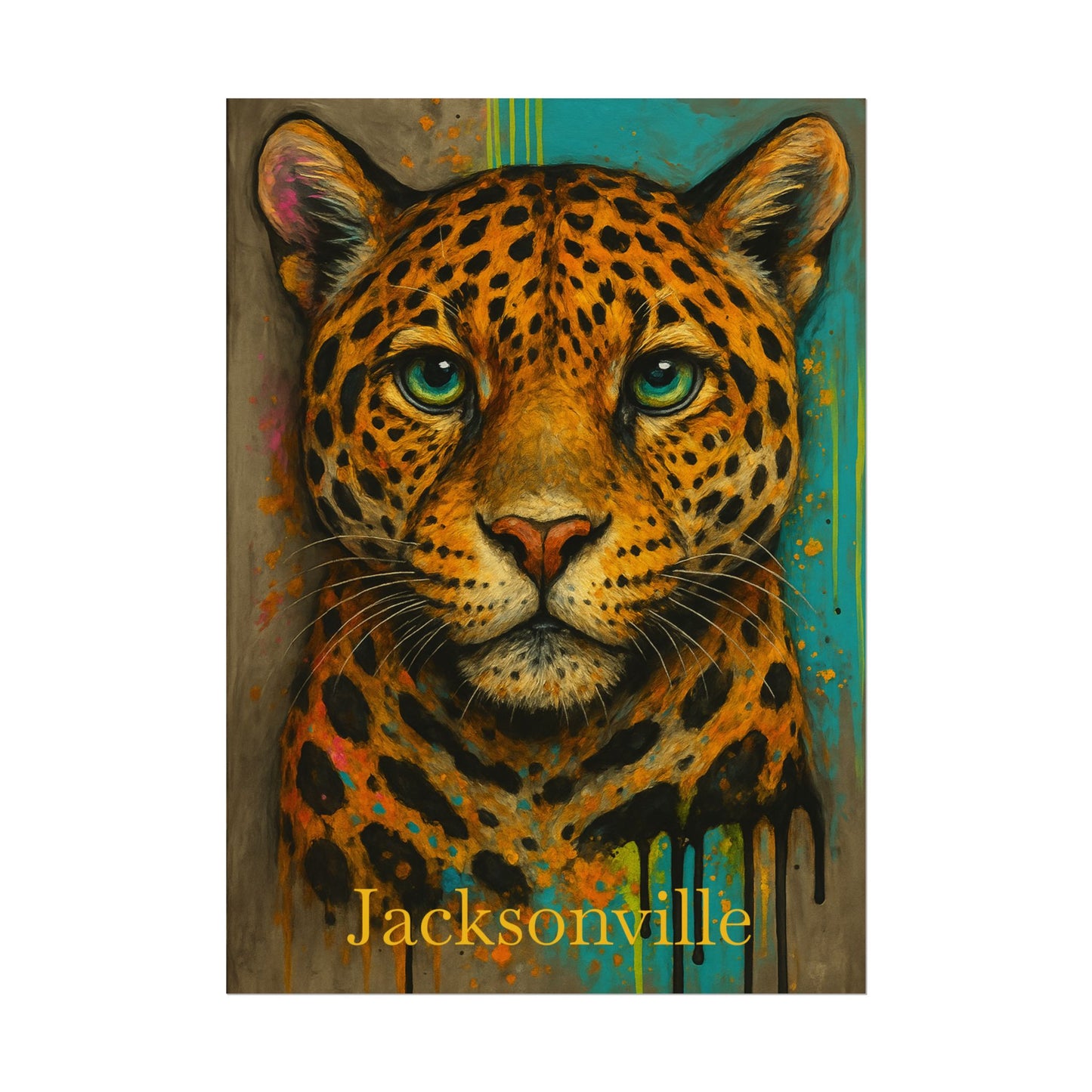 Colorful painting of a leopard with 'Jacksonville' text on a white background