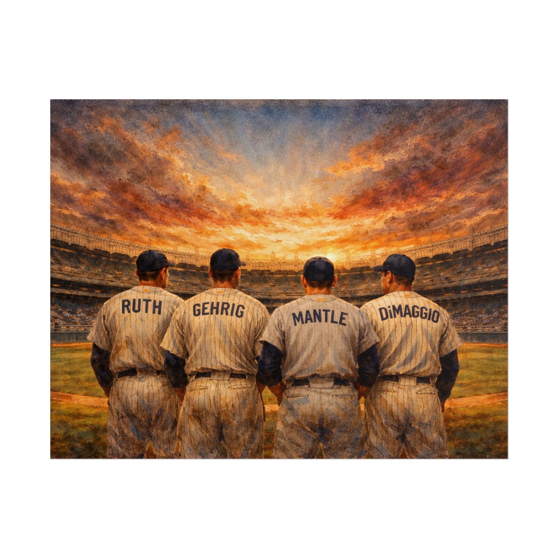 New York sports legends in vintage uniforms facing a sunset at a stadium.