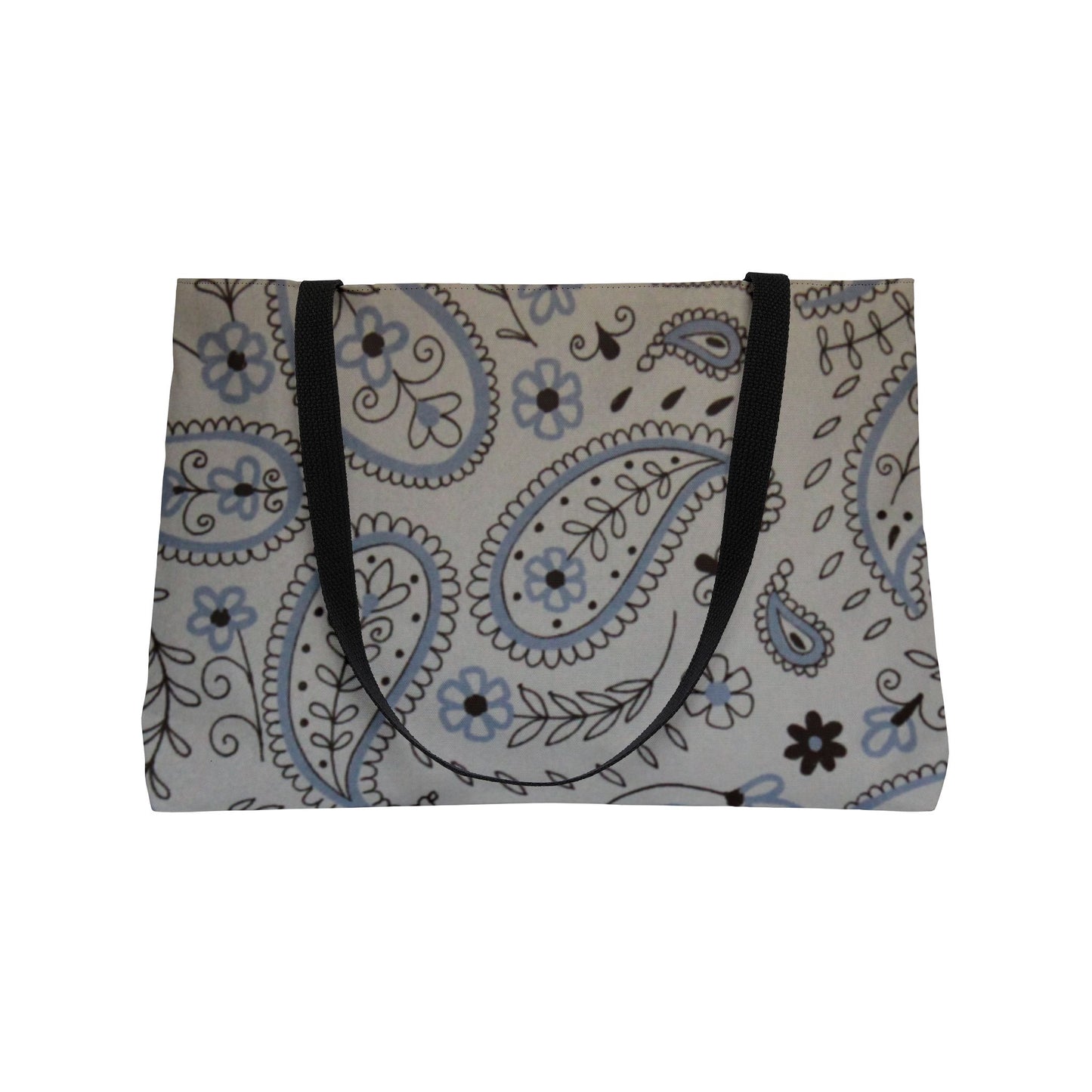 Paisley patterned bag with black handles on a white background