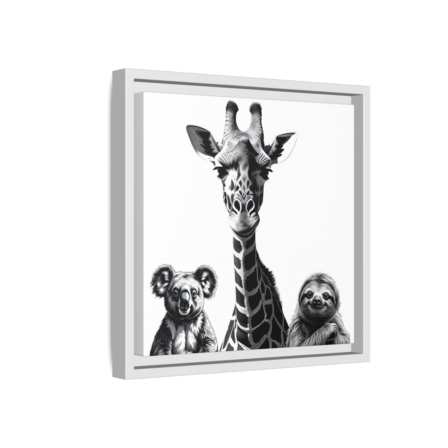 Framed artwork of a giraffe flanked by a koala and a sloth on a white background