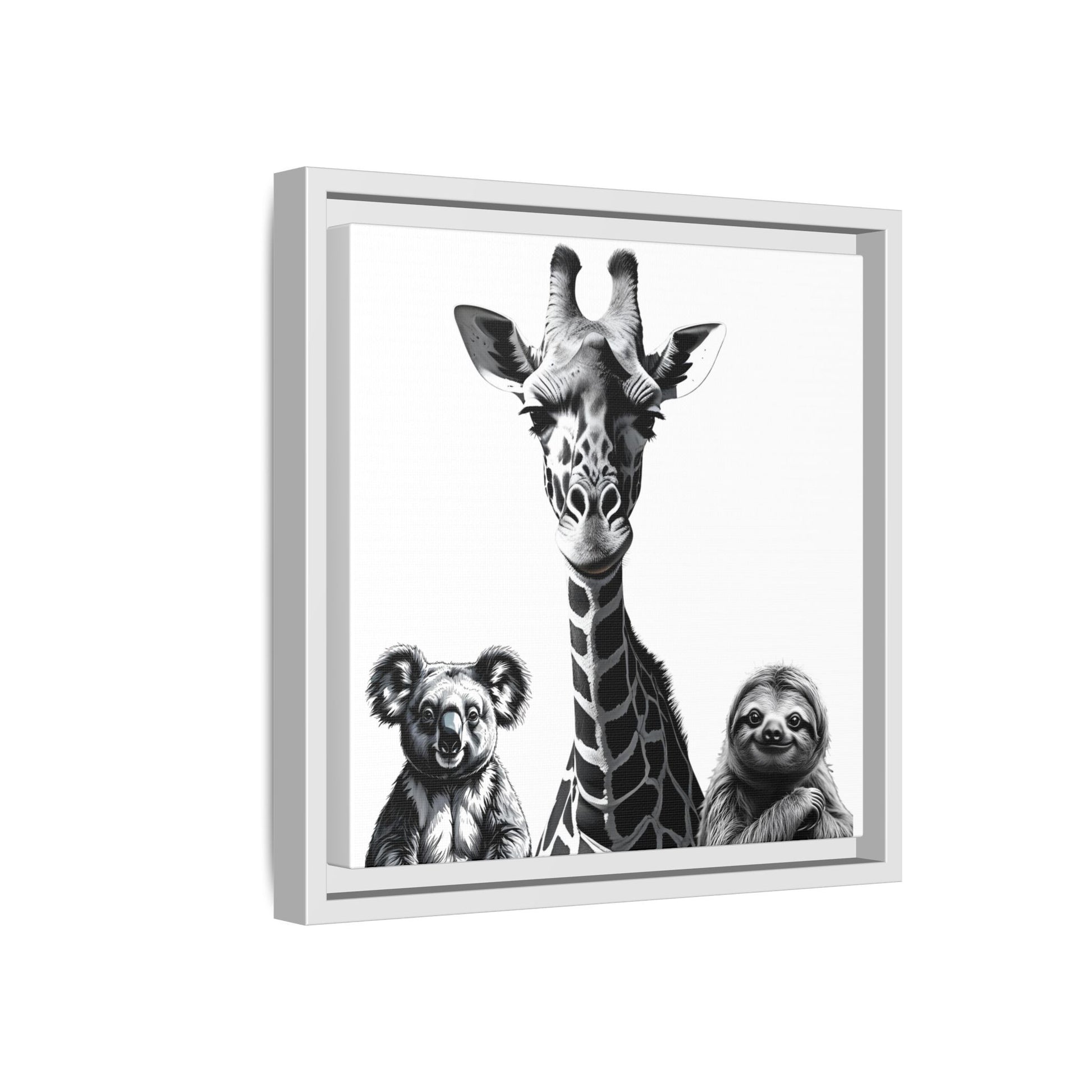 Framed artwork of a giraffe flanked by a koala and a sloth on a white background