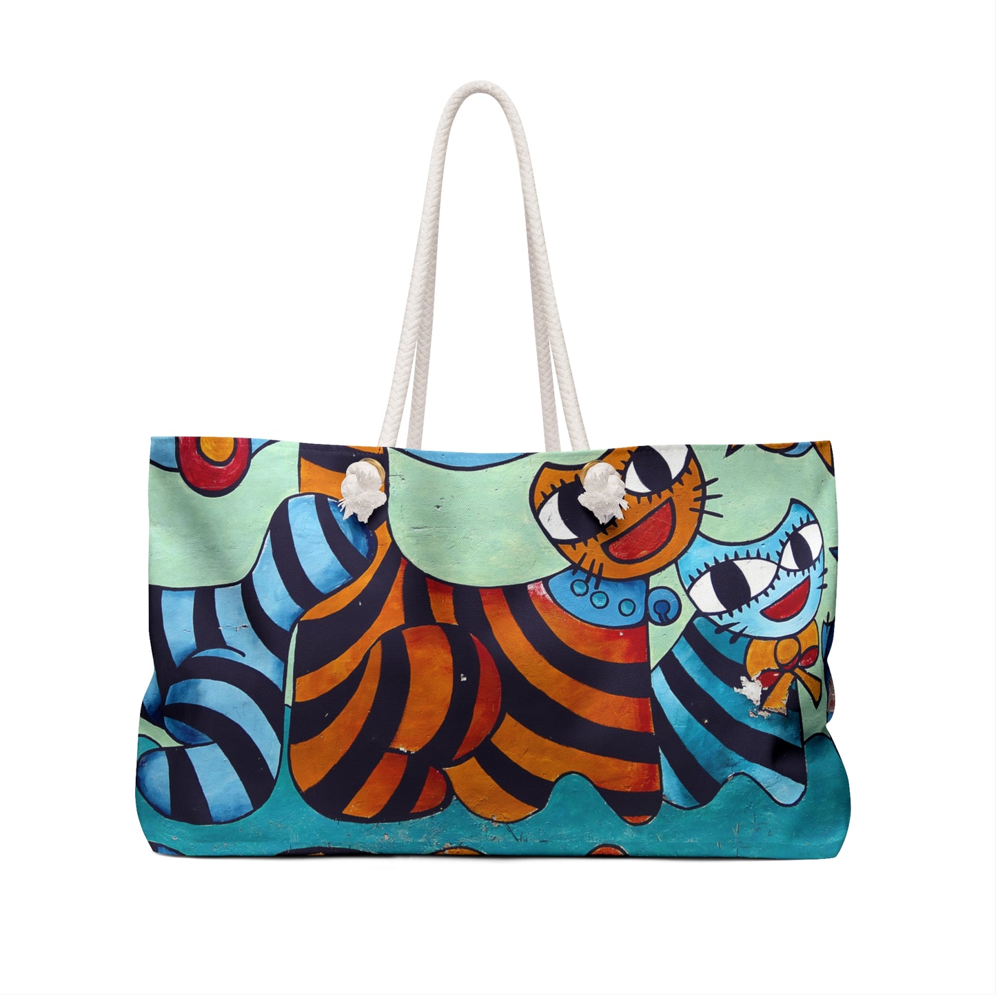 Colorful Cartoon Cat Weekender Bag, Fun Cat Lover Travel Tote, Quirky Cat Lover Bag Gift