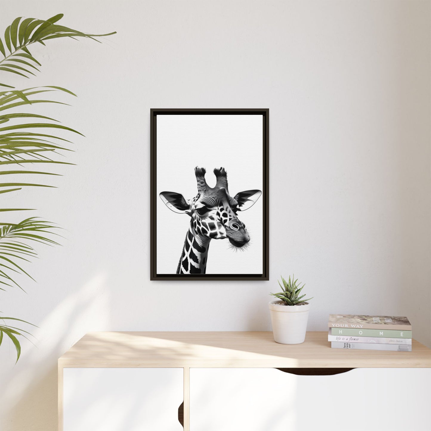 Black and White Giraffe Wall Art – Framed Safari Animal Canvas Print