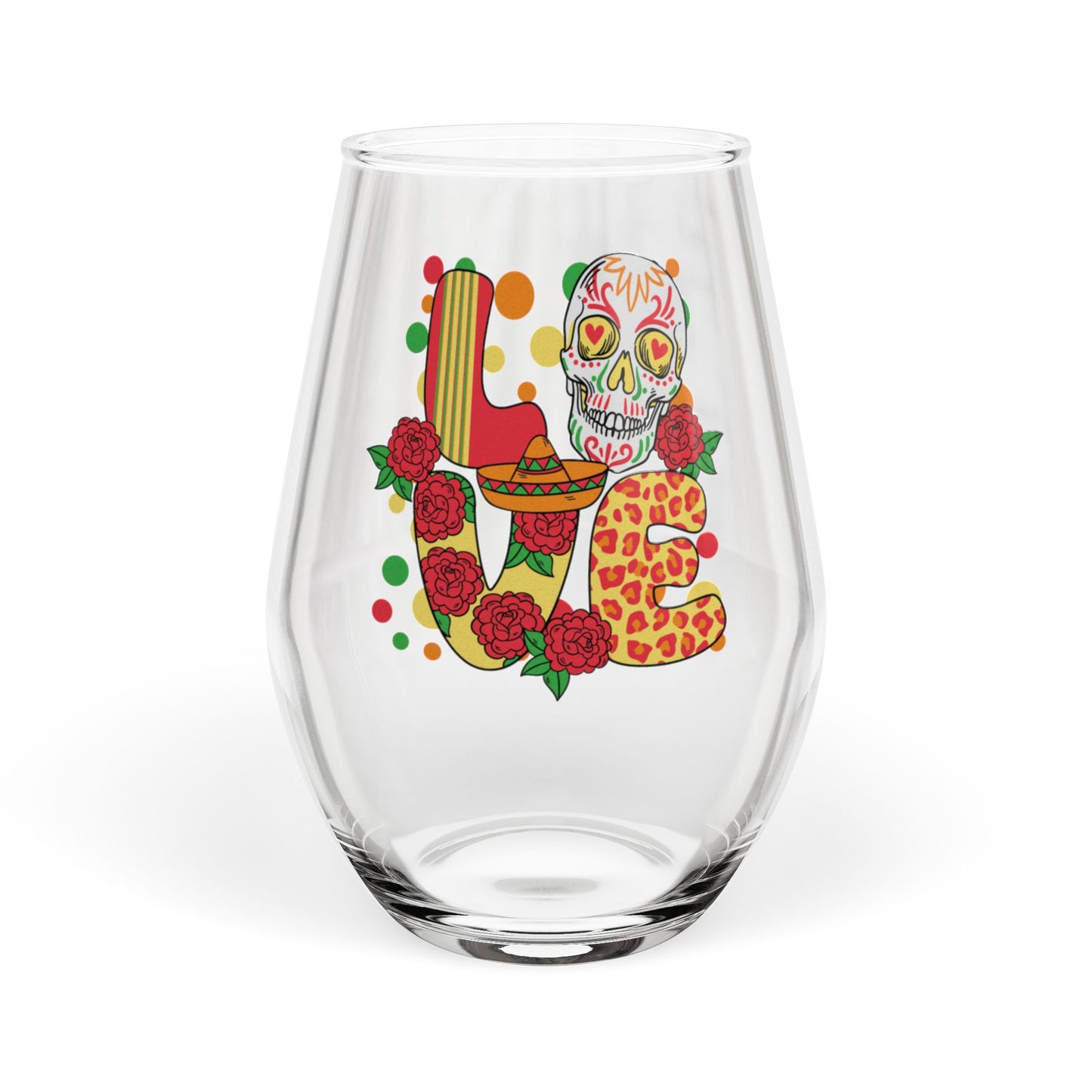 Love Sugar Skull Stemless Wine Glass – Romantic Rose Sombrero Design – Valentine’s Day Gift – Día de los Muertos Drinkware – Couples Gift