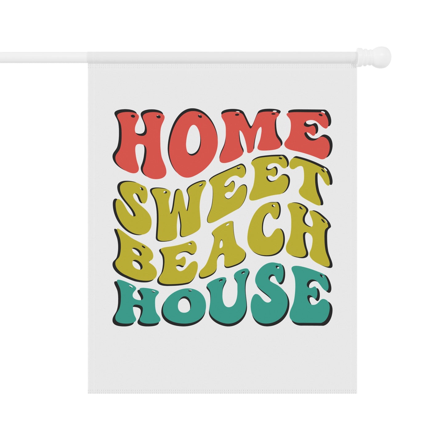 Decorative banner with 'Home Sweet Beach House' text in colorful letters on a white background