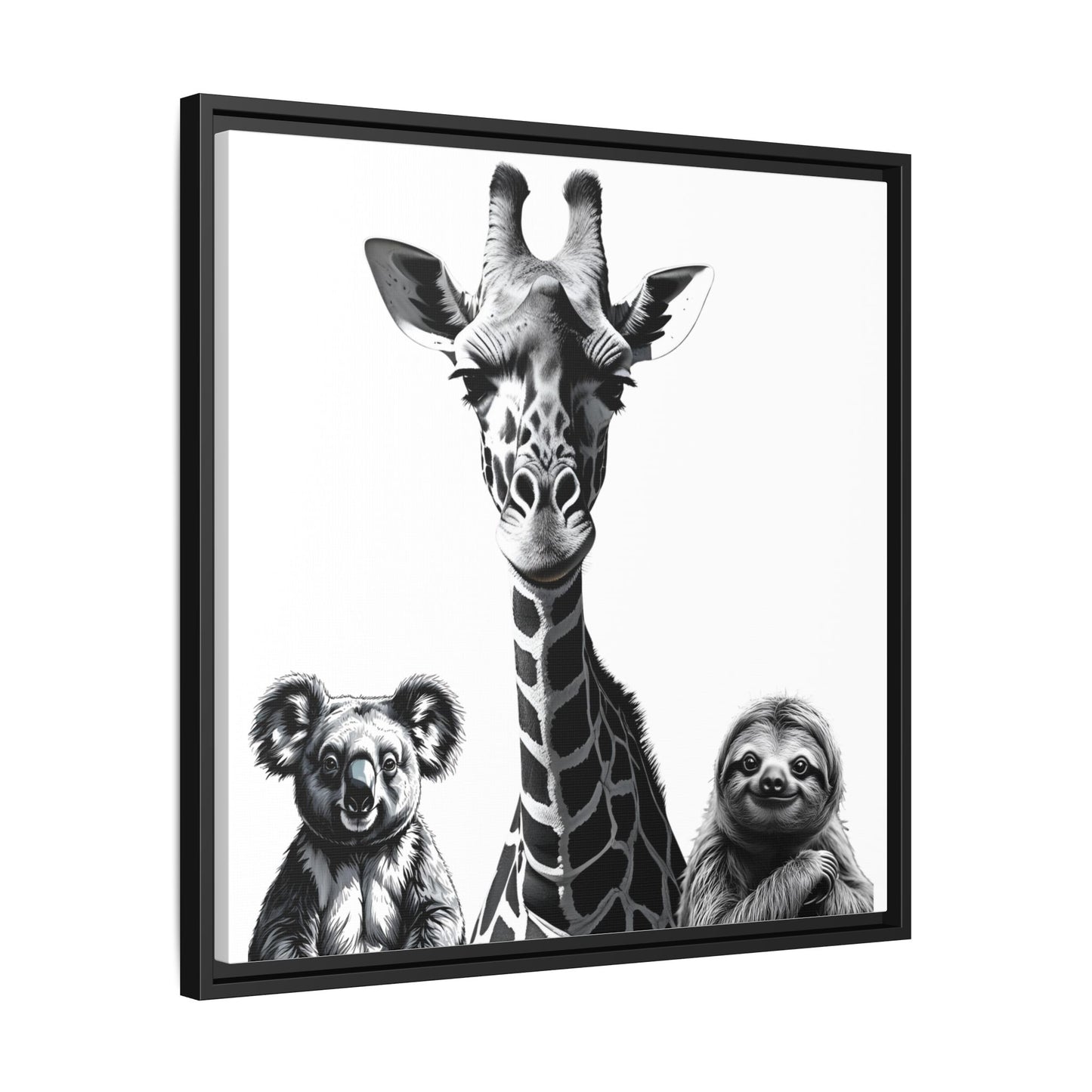 Framed artwork with a giraffe, koala, and sloth on a white background