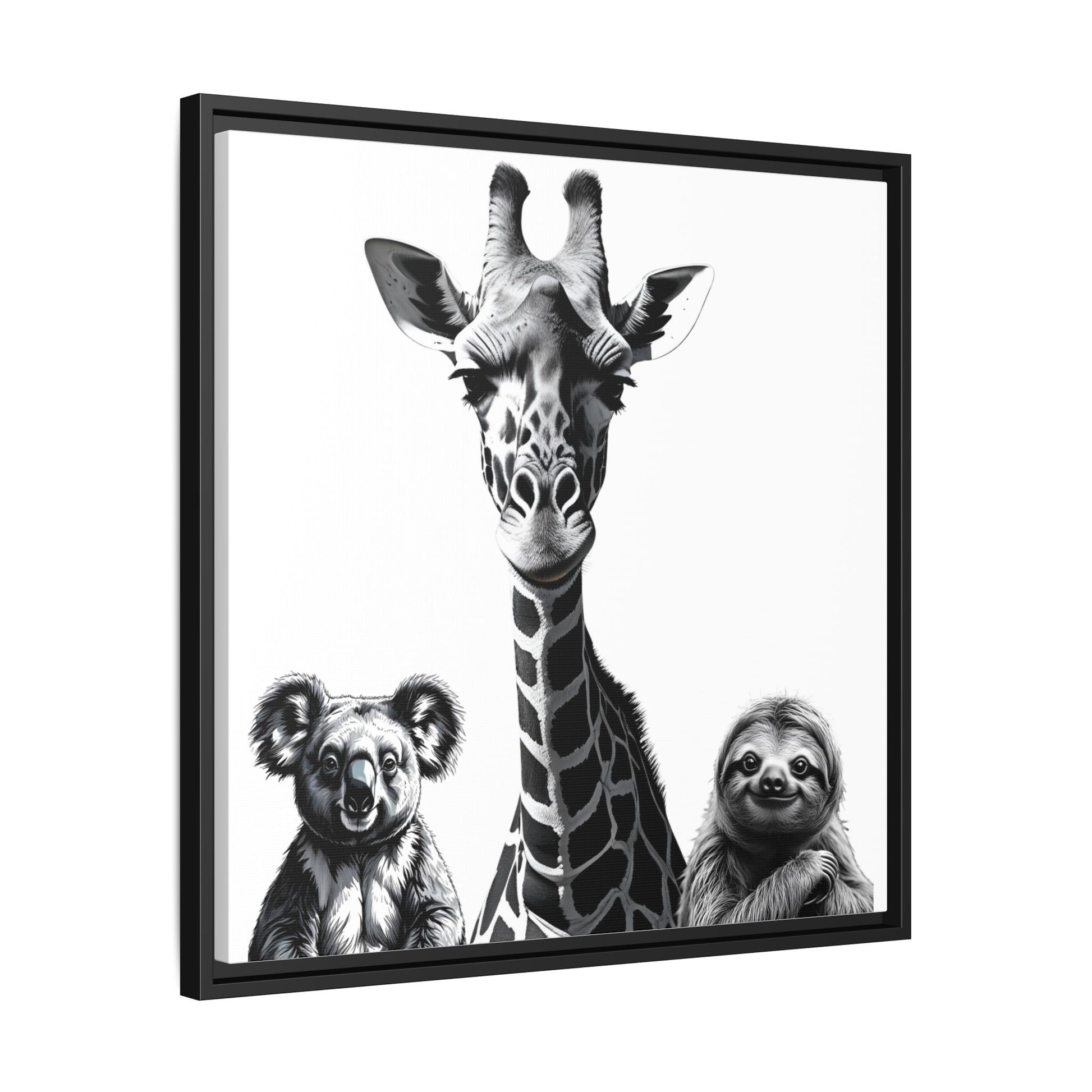 Framed artwork with a giraffe, koala, and sloth on a white background