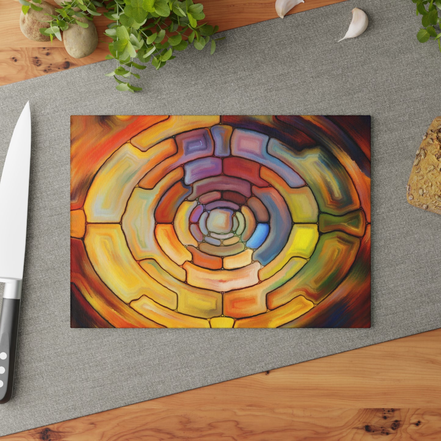 Abstract Spiral Glass Cutting Board | Colorful Circular Mosaic Art